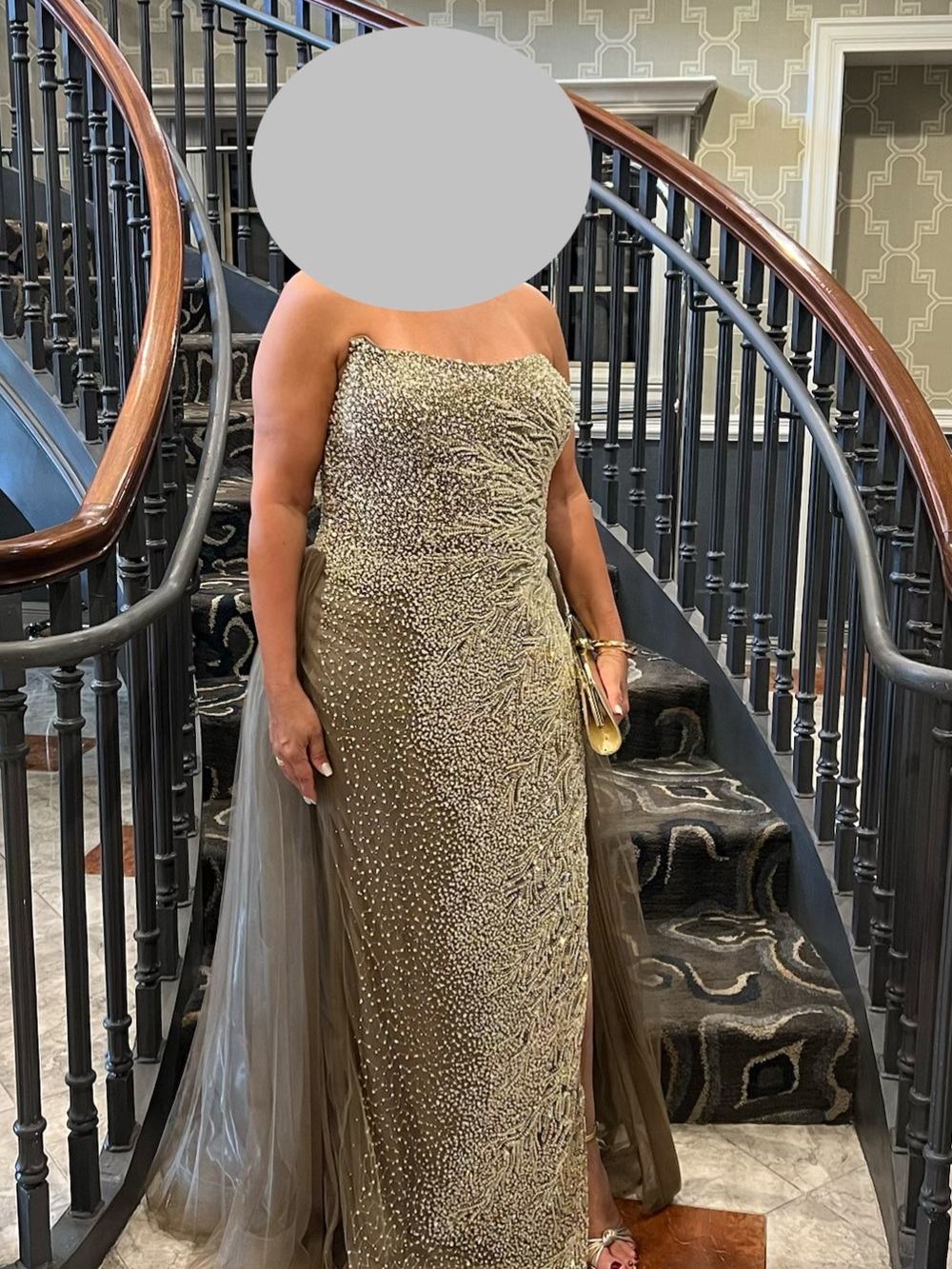 ellie wilde Gold Beaded Strapless Wedding Dress with Taupe Tulle Skirt